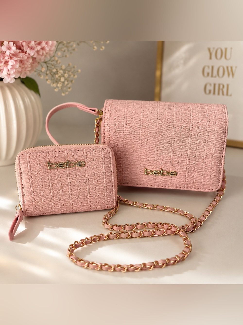 bebe Pink Quilted Chain Strap Crossbody Set